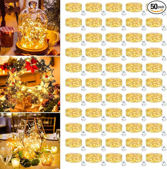 50 Pack Fairy Lights Battery Operated - 7ft 20 Led Small Twinkle lights 3 Modes, Bulk Mini String Lights Waterproof for Mason Jars Vases Crafts Party Wedding Mothers Day Decoration-Warm White