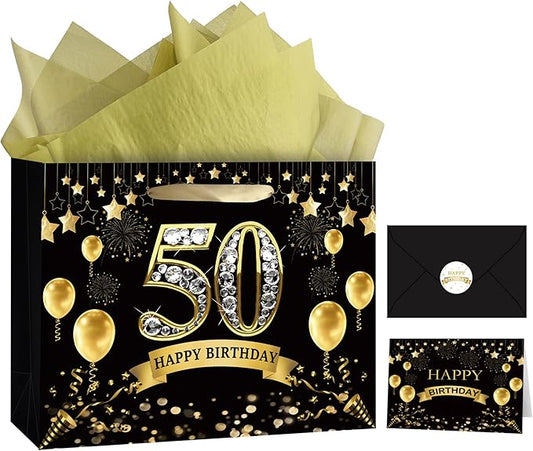 OIIVPOK 50th Birthday Bag, 50th Birthday Gift Bag with Tissue Paper and Greeting Card for Party, 12.6" Medium Gift Bags for Women Men (50th-1)
