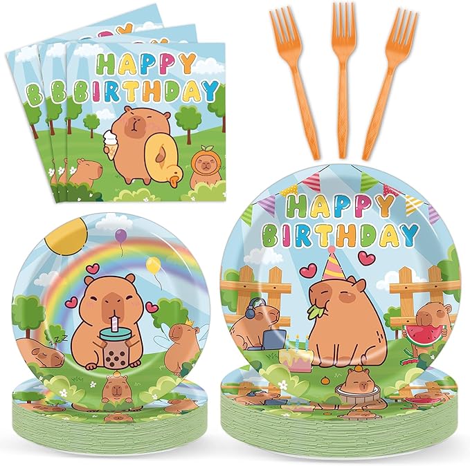 96PCS Capy Themed Bara Birthday Party Supplies Cute Cartoon Capy Paper Plates and Napkins Kapybara Themed Disposable Tableware Animal Dinnerware Decorations Set for Kids Birthday Baby Shower Serves24