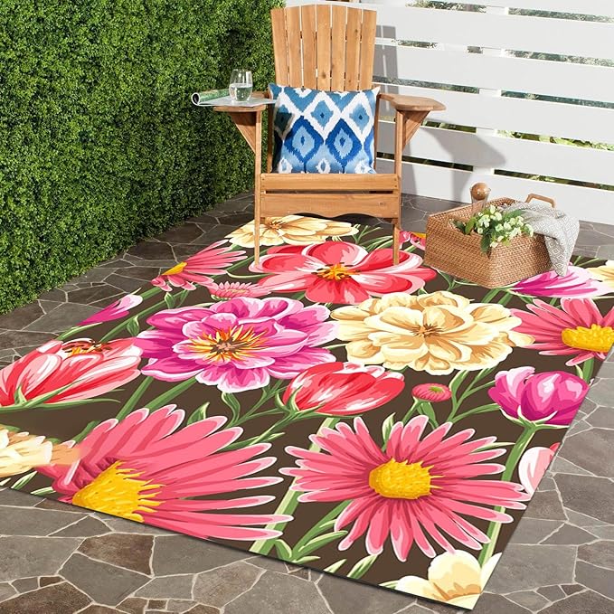 Vibrant Floral Outdoor Rug Modern Flower Texture Rugs for Patio Deck Porch Balcony Waterproof Non Slip Camping Garden Large Outside Carpet Easy Clean Machine Washable Pool Mat Pink 7x10