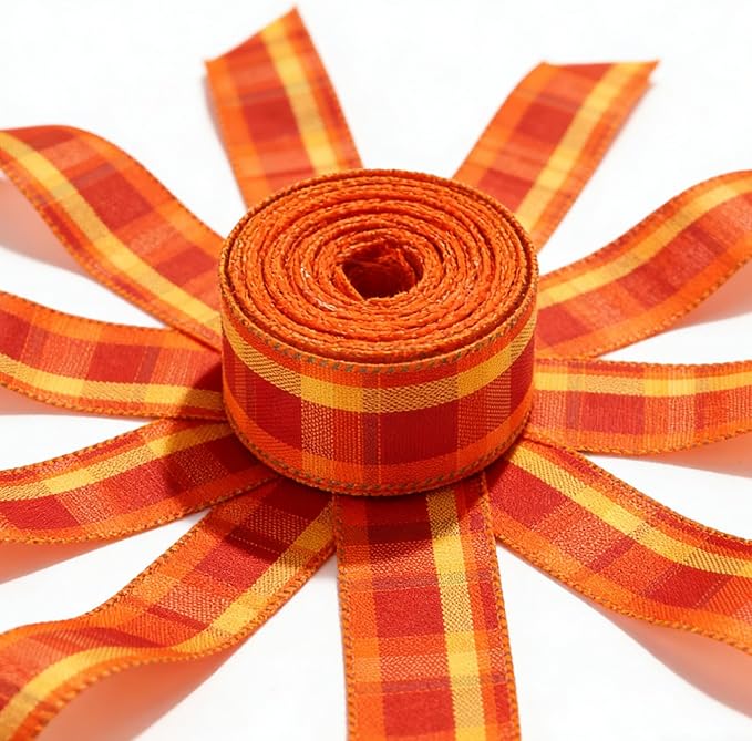 Meseey 1.5 Inch x 10 Yards Orange Red Yellow Plaid Wired Ribbon, Fall Harvest Wired Edge Ribbon for Wreaths, Bows, Gift Wrapping, Thanksgiving & Halloween Decor(Burgundy/Yellow)
