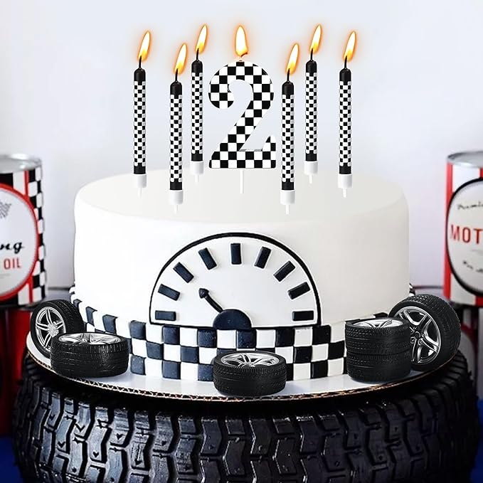 13 Pcs Racing Cars Themed Birthday Candles, Black and White Checkered Birthday Cake Candles, Numeral 2Candle Wheel Tire for Racing Car Party Decoration Theme Party Supplies