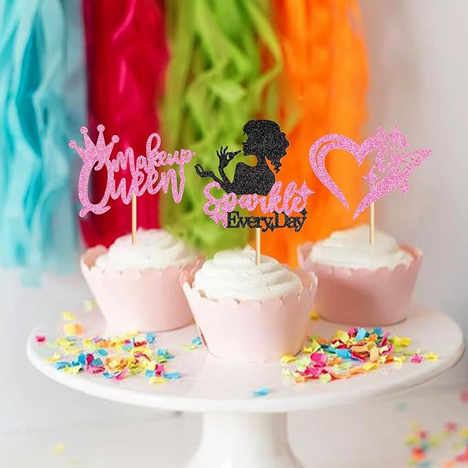 Ercadio 24Pcs Makeup Girl Cupcake Toppers Glitter Pink Makeup Queen Cupcake Picks for Make-up Artist Birthday Cupcake Decorations Fashion Girls Cosmetics Make-up Party Supplies