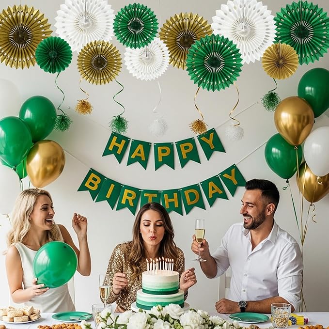 BEISHIDA Green Gold White Tissue Hanging Honeycomb Round Paper Fans Decoration Set for Birthday Graduation Baby Shower Bachelorette Wedding Backdrops St. Patrick’s Day Party Supplies(11 Packs)