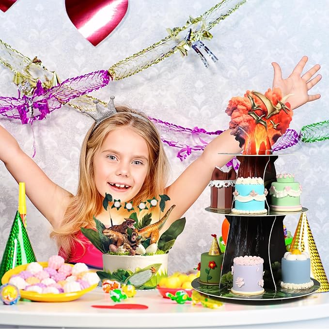 Zopeal 3 Tier Dinosaur Cupcake Stand Dinosaur Theme Cupcake Holder Dino Jurassic Volcano Dessert Tower for Kids Birthday Baby Shower Dino Theme Party Supplies