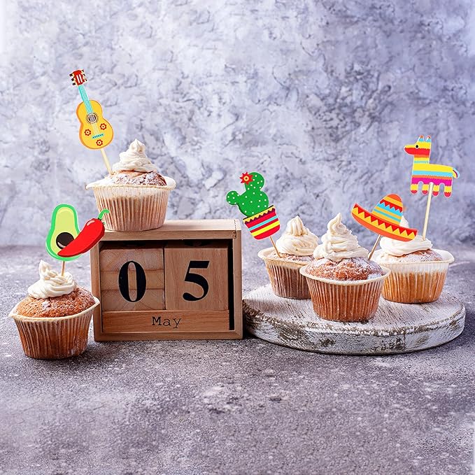 Outus 43 Pcs Fiesta Cupcake Topper and Picado Banner for Fiesta Party Decorations Mexican Theme Cake Decorations for Mexican Themed Cactus Donkey Taco Pepper Sombrero Mustache Party