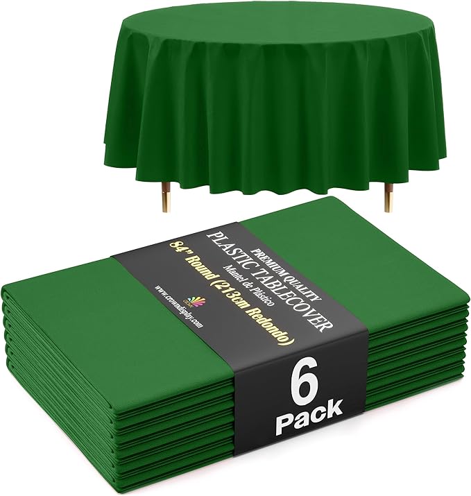 Exquisite 66% Thicker Premium Emerald Green Round Tablecloth 0.5 Mil 6 Pack Plastic Table Cloth Disposable 84 Inch Round Plastic Tablecloth Won't Tear Easily Like Cheap Thin Brands