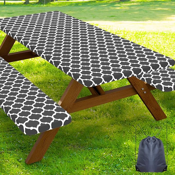 Smiry Picnic Table Cover with Bench Covers, Waterproof Elastic Fitted Tablecloth for 8 Foot Tables, Washable Polyester Tablecloths for Camping, Indoor & Outdoor (Dark Grey, 30x96 Inch 3-pc Set)