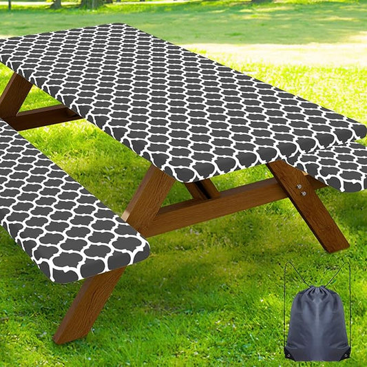 Smiry Picnic Table Cover with Bench Covers, Waterproof Elastic Fitted Tablecloth for 6 Foot Tables, Washable Polyester Tablecloths for Camping, Indoor & Outdoor (Dark Grey, 30x72 Inch 3-pc Set)