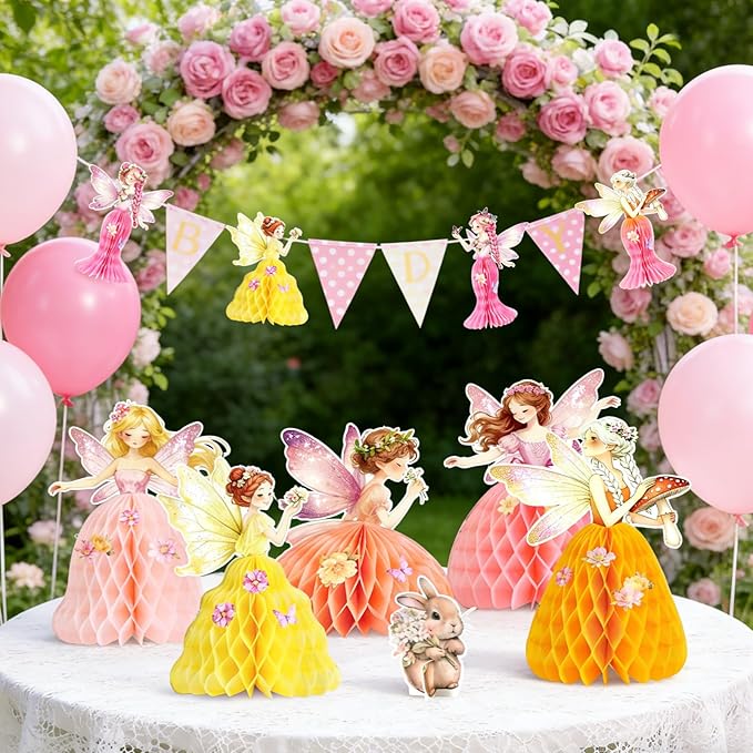 SUNBEAUTY Fairy Birthday Party Decorations Fairy First Centerpieces for Tables 3D Fairies Honeycomb Centerpieces with Rabbits Enchanted Party Table Topper for Spring Garden Woodland Forest Birthday