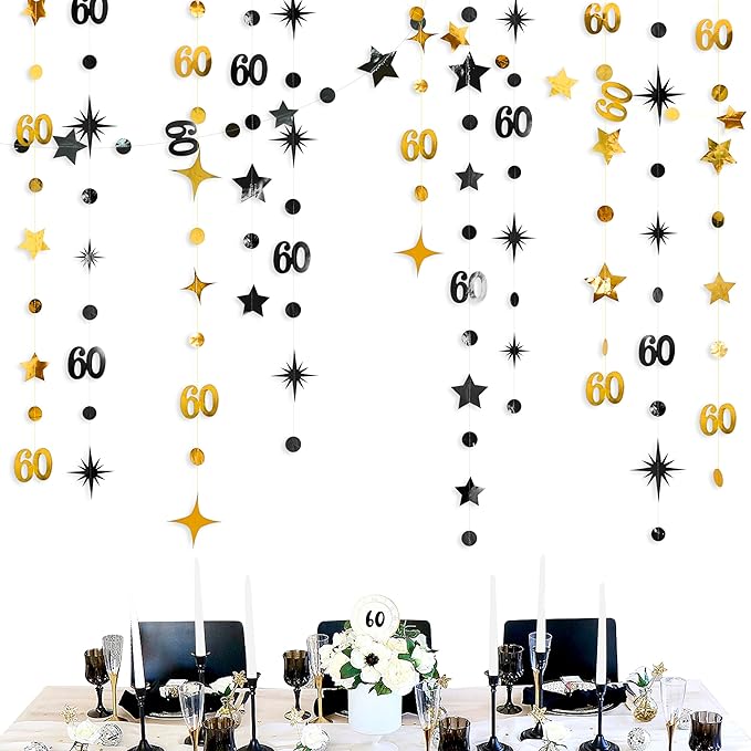 Black Gold 60th Birthday Decorations Number 60 Circle Dot Twinkle Star Garland Metallic Streamer Bunting Banner Backdrop for Mens Cheers to 60 Year Old Happy 60th Birthday Anniversary Party Supplies