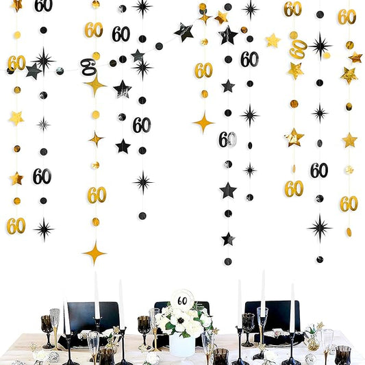 Black Gold 60th Birthday Decorations Number 60 Circle Dot Twinkle Star Garland Metallic Streamer Bunting Banner Backdrop for Mens Cheers to 60 Year Old Happy 60th Birthday Anniversary Party Supplies