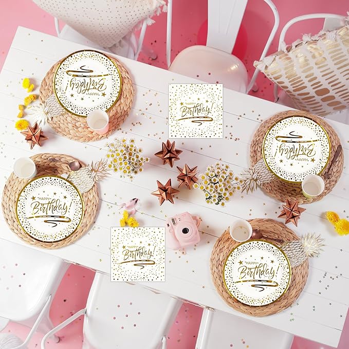 72PCS Happy Birthday Plates and Napkins Party Supplies, White Gold Dot Paper Plates and Napkins with Forks Disposable Tableware Set for Birthday Party Decorations, Serves 24