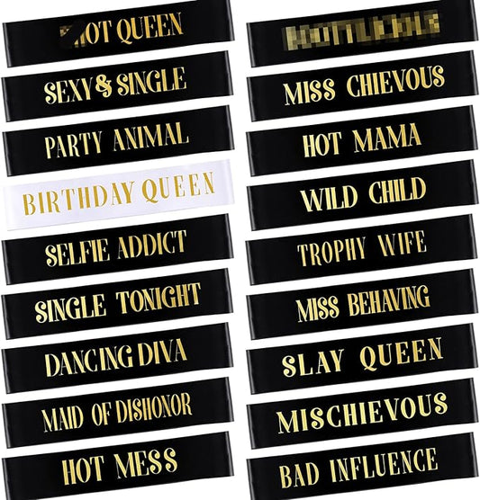 Zeyune 18 Pcs Birthday Queen Sashes Set for Women Happy Birthday Sash for Queen Party Favors(Black，white)