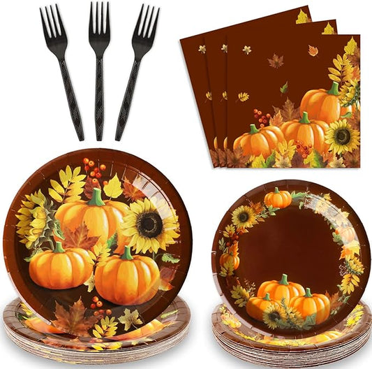 chiazllta 96 Pcs Thanksgiving Party Paper Plate and Napkins Supplies Fall Pumpkin & Sunflower Dessert Plates Thanksgiving Disposable Tableware Paper Plates Napkins Forks for Party Favors 24 Guests