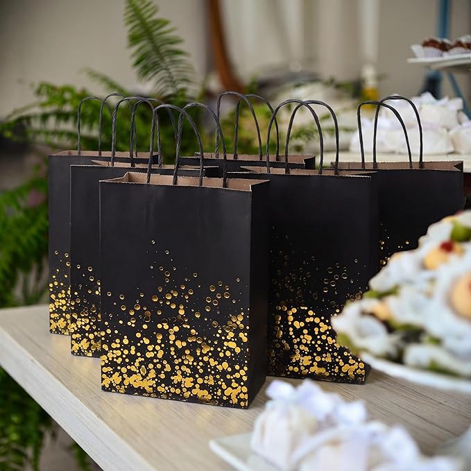 Cooraby 30 Pieces Bronzing Gold Black Paper Kraft Polka Dot Party Bags With Handle for Party Favors and Hen Parties