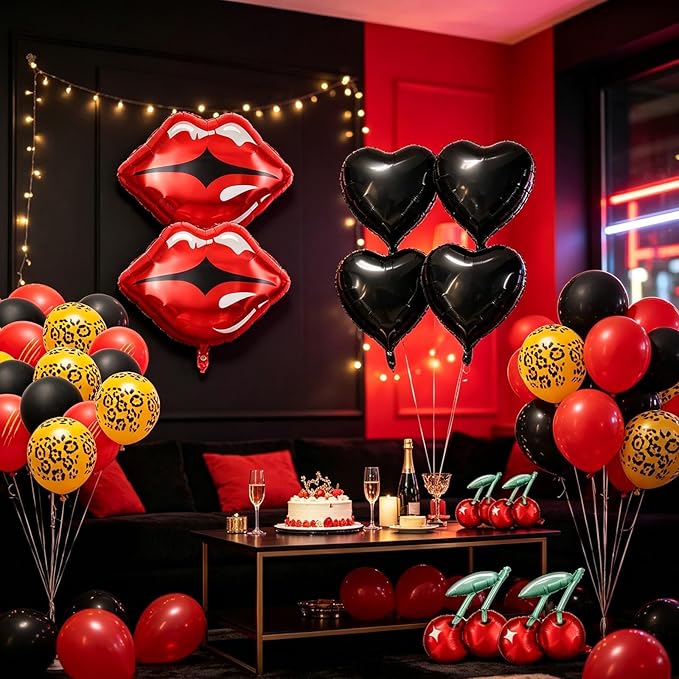 26Pcs Leopard Theme Balloon Kit, Red Black Balloon Set with Leopard Print Balloons, Red Lip Cherry Balloons, Heart Balloons for Birthday Party, Cheetah Balloon Bachelorette Decorations