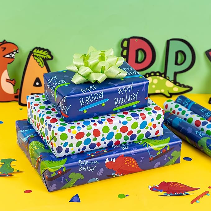 WRAPAHOLIC Dinosaur Wrapping Paper Roll - Mini Roll - 3 Rolls - 17 Inch X 120 Inch Per Roll - Happy Birthday Dinosaurs Design for Kids Birthday, Baby Shower