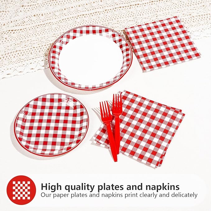 200Pcs Red Gingham Party Supplies Red and White Checkered Buffalo Plaid Plates and Napkins Disposable Gingham Tableware Set for Summer Pizza BBQ Picnic Baby Shower Birthday Party Decorations Serves 50