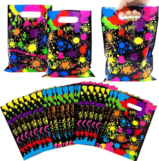 Neon Party Favors Gift Bags 50 Pcs Art Paint Splatter Colorful Goodie Bags Plastic Candy Treat Bags with Handles for Birthday Shower Neon Retro 80's 90's Theme Party Supplies Decorations