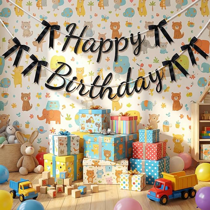 Pre-Strung Happy Birthday Banner, Black Glitter Birthday Sign with Satin Bows, Pre-Assembled Minimalist Birthday Party Decorations for Women Men Kids Adults, Indoor Outdoor Birthday Party Supplies