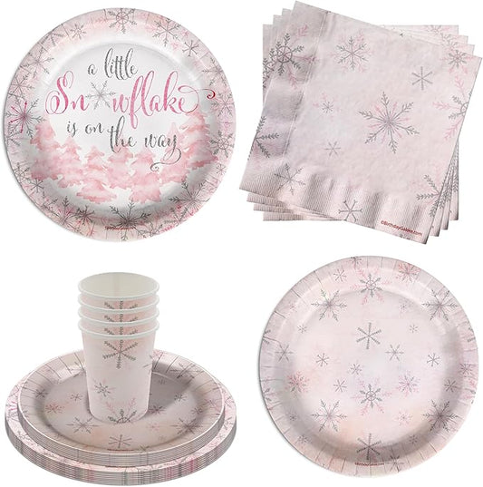 A Little Snowflake is On The Way Girl's Baby Shower Party Supplies - 64 Piece Winter Baby Shower Tableware Set Includes Large 9" Dinner Plates and 8" Dessert Paper Plates Napkins Cups - Kit for 16