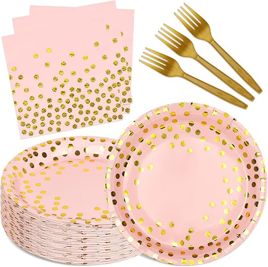 Pink and Gold Paper Plates and Napkins Party Supplies,Serves 25 Guests Pink Gold Plates and Napkins,Disposable Paper Tableware Set for Birthday Wedding Bridal Shower Baby Shower Decorations