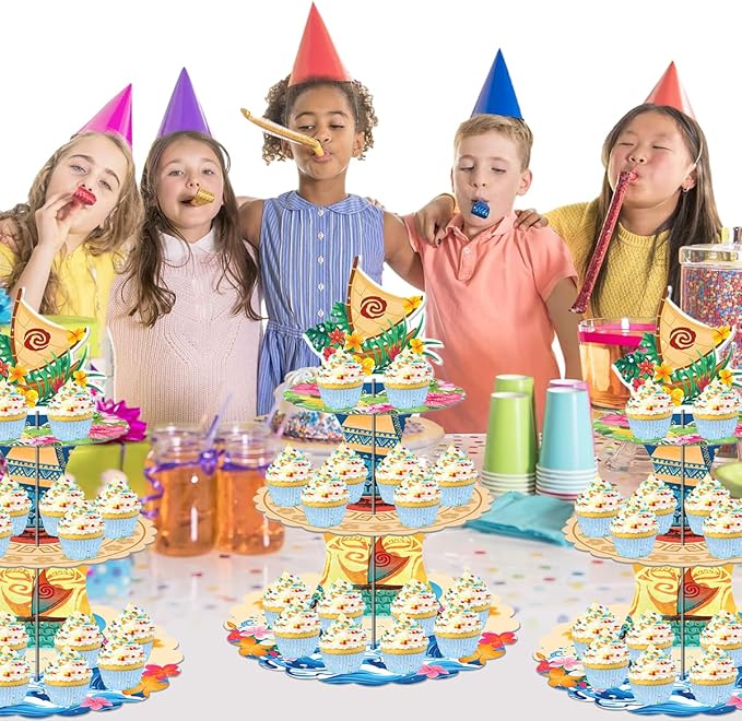 OU RUI Large 3-Tier Tropical Hawaiian Cupcake Stand 12Inch Cardboard Cupcake Tray Dessert Tower Holder for Wedding Birthday Baby Shower Tropical Luau Theme Party Supplies