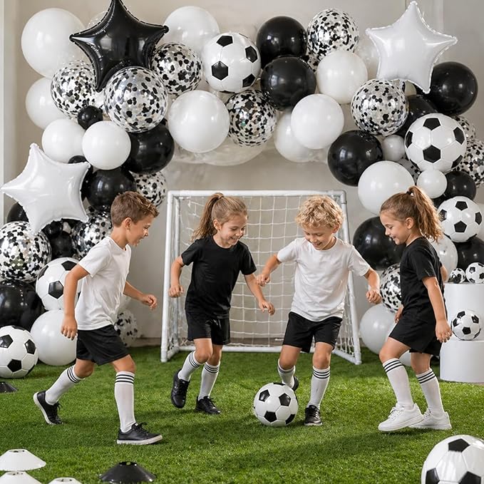 Soccer Balloons, 12Inch Black White Soccer Printed Latex Balloons, 18 Inch Black and White Star Foil Balloon with Confetti Helium Balloon for Sport Football Theme Boy Men Birthday Party Decorations