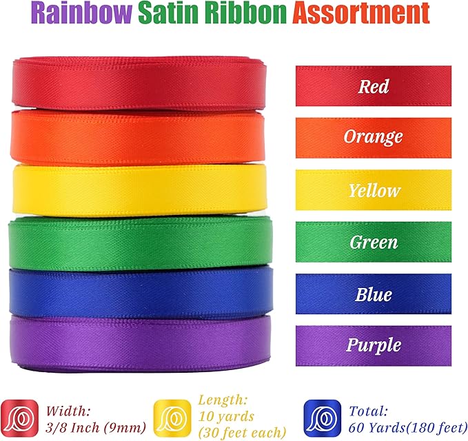 Colorful Rainbow Ribbon 3/8 Inch Thin Double Face Satin Ribbon, 6 Rolls 60 Yards Multicolor Ribbon for Wedding, Gift Wrapping, Invitations, Hair Bows, Crafts