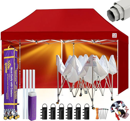 Tradesparker Pop Up Tent,Commercial Movable Canopy with ApexCore LED&Rugged Casters-Instant Easy Setup Shelter Canopies with Weight Bags&Stakes for Outdoor Events(10x20, with 4 Sidewalls, Red)