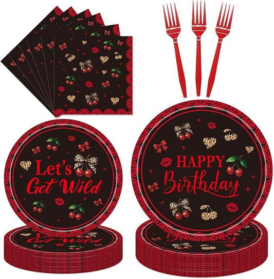 96 Pcs Cheetah Cherry Birthday Party Tableware Set Red Cherry Bow Leopard Print Disposable Plates Napkins Forks for Birthday celebrations Party Decorations Supplies Serves 24