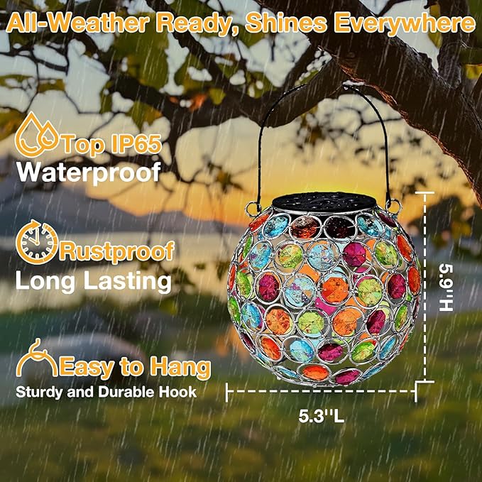 Uspring Crystal Mosaic Solar Lanterns Outdoor Waterproof Decorative Hanging Solar Lights for Outside, Gifts for Women Mom Grandma Garden Decor for Patio Backyard Porch Pathway Lawn Walkway, Red