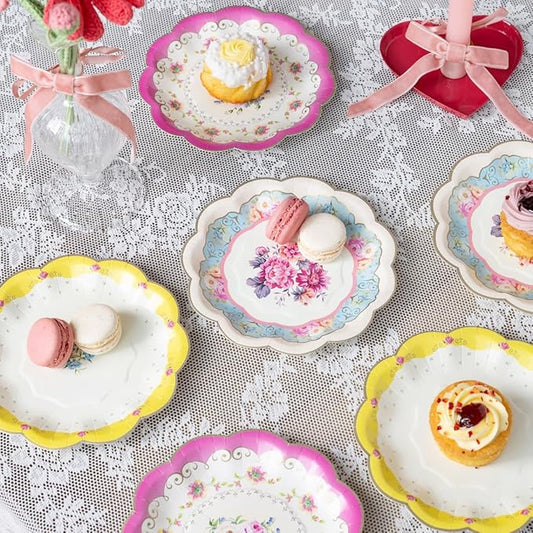 Talking Tables 24 x 7" Vintage Floral Paper Plates for Mothers Day, Tea Party, Scalloped Floral Disposable Plates for Garden Party, Birthday, Bridal Shower, Bachelorette Tableware