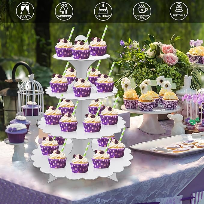 2 Pack 4-Tier Cupcake Stand, White Cardboard Round Dessert Display Tower for Weddings & Parties & Birthday Decoration Supplies
