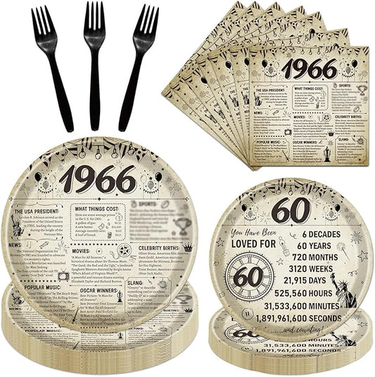 60th Birthday Plates and Napkins Party Decorations for Women Men, 1966 60th Vintage Birthday Disposable Paper Tableware Decoration, 60 Year Old Themed Forks Party Supplies Serve 24
