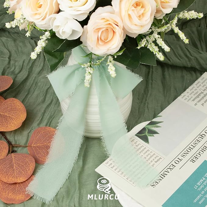 Mint Green Chiffon Ribbon - 1-1/2 Inch x 21 Yards, Handmade Fringe, Silk, Boho Frayed, Misty Green for Gift Wrapping, Wedding Invitation, Bridal Flower Bouquets