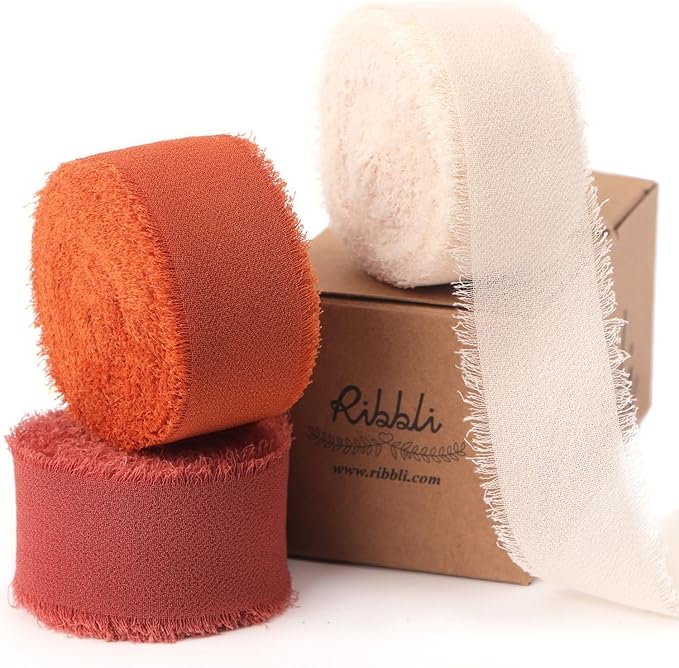 Ribbli Fall Chiffon Silk Ribbon 1Inch x 24 Yard Champagne/Terracotta/Rust Red Fringe Chiffon Fall Ribbon for Wedding Invitations, Bridal Bouquets Wrapping, Flower Arrangement Decoration