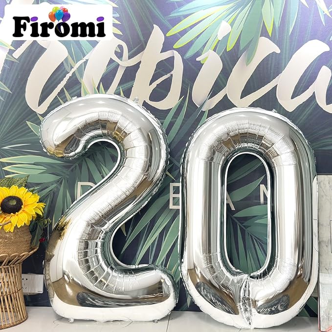 FIROMI 20 Number Balloons Silver Big Giant Jumbo Huge Foil Mylar 20 Balloon Numbers for 20th Birthday Party Anniversary Events Decorations 40-inches