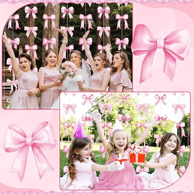 Daifunli 8 PCS Bow Decorations Bow Hanging Banners Garland Banners Paper Cutouts Ribbon Streamers for Birthday Bridal Engagement Bachelorette Wedding Party Decor(Pink)