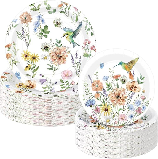 Funnymoom 60 Pcs Spring Wildflower Paper Plates 9 in and 7 in Flower Bird Party Decorations Disposable Hummingbird Floral Party Plates Cake Dessert Tableware for Baby Shower Tea Birthday Decorations