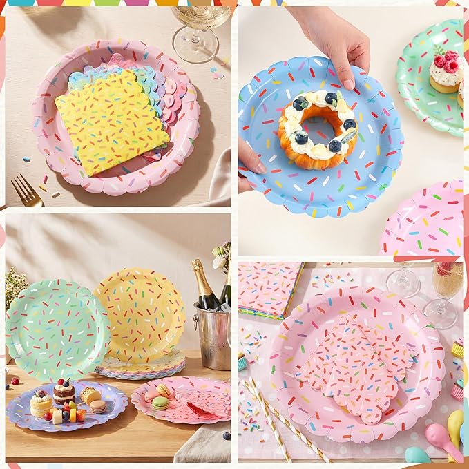 Mimorou 48 Pcs Donut Plates and Napkins Party Supplies Confetti Sprinkle Paper Plates Disposable Cocktail Napkins for Sprinkle Ice Cream Party Supplies Baby Shower Decorations for 24 Guest (Scalloped)