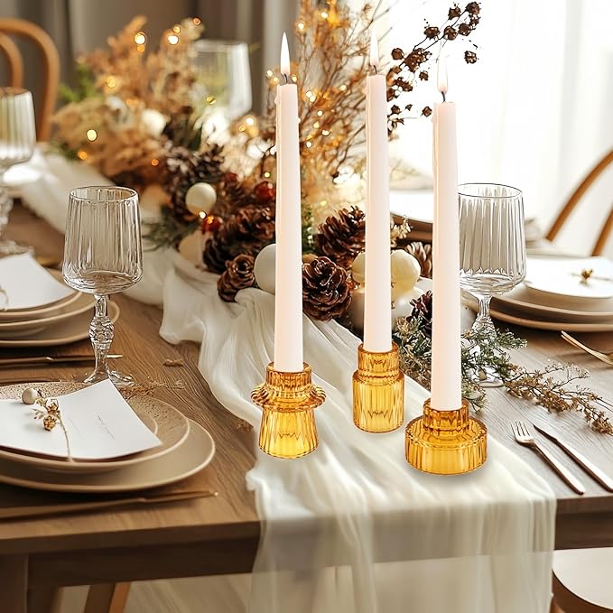 Double Sided Vintage Ribbed Taper Glass Candle Holders,Tea Candle Holder for Table Centerpieces, Wedding Decorations and Dinner Parties (Amber, 3 PCS)