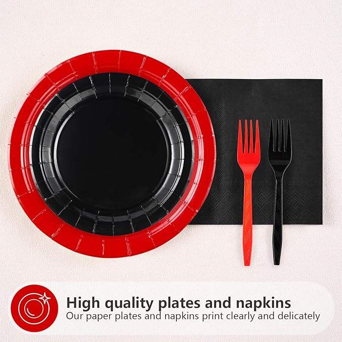 200Pcs Red and Black Party Supplies Graduation Black and Red Paper Plates and Napkins Disposable Stranger Tableware Set for Congrats Grad Holiday Red Black Wedding Birthday Party Decorations Serves 50
