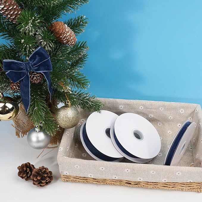 Navy Blue Velvet Ribbon for Gift Wrapping, 3 Rolls Vintage Thin Velvet Ribbon Set for Christmas Tree Decoration, 3/8, 5/8, 1 inch Wide, 30 Yards Totally, Thick Christmas Ribbons for Bow Ornaments