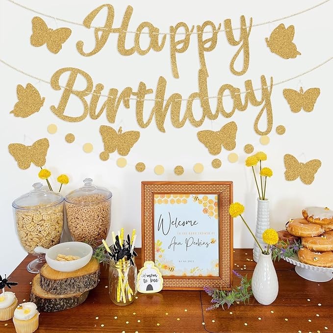 Pre-Strung Happy Birthday Banner, NO DIY Birthday Decorations with Circle Dot Garland and Butterflies, Happy Birthday Party Decorations for Women Girls (Gold)