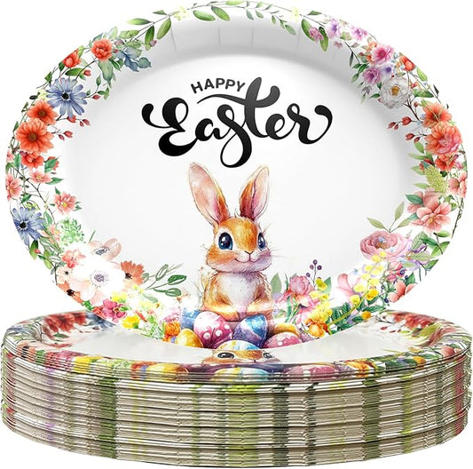 Easter Disposable Oval Paper Plates, 50pcs with Bunny & Floral Design Party Plates, Tableware for Brunch, Spring Party & Holiday Decor, 10.2 x 12.6 In