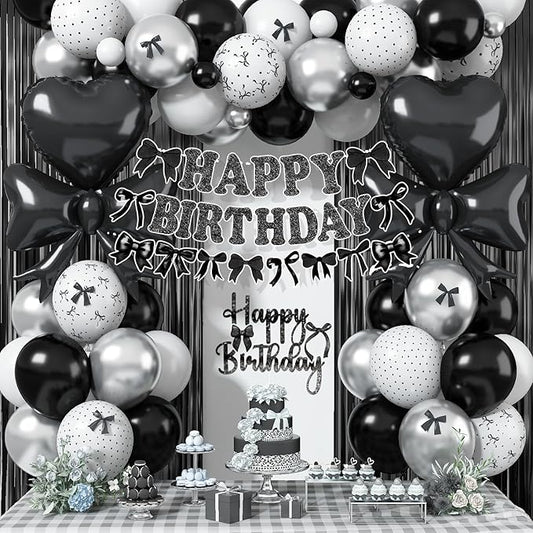 Black Bow Birthday Party Decorations, Coquette Bow Black and White Silver Balloons with Mini Bows Decor Happy Birthday Banner Fringe Curtain for Women Girls Bows Theme Bachelorette Baby Shower Party
