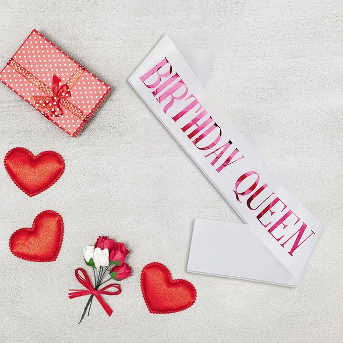 Birthday Queen Sash, Pink Foil White Birthday Sash for Women 21st 30th 40th 50th 60th 70th Fun Birthday Party Favors Gifts Decorations