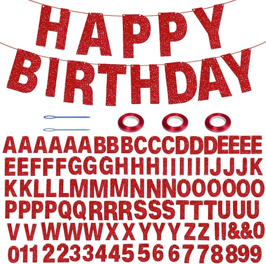 116 Pcs DIY Glitter Customizable Banner Kit Custom Banner Including 111 Letters and Numbers 3 Rope and 2 Threading Device for Personalized Decor for Women's Day Birthday (Red)